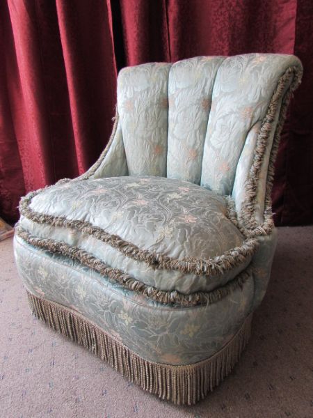 ANTIQUE EUROPEAN SILK UPHOLSTERED CHAIR WITH FEATHER & DOWN FILLED CUSHION