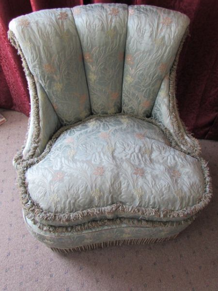 ANTIQUE EUROPEAN SILK UPHOLSTERED CHAIR WITH FEATHER & DOWN FILLED CUSHION