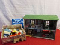 HOURS OF FUN!  VINTAGE TIN 2 STORY DOLL HOUSE WITH LOTS OF FURNITURE