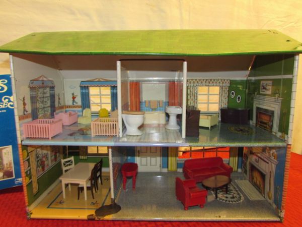 HOURS OF FUN!  VINTAGE TIN 2 STORY DOLL HOUSE WITH LOT'S OF FURNITURE