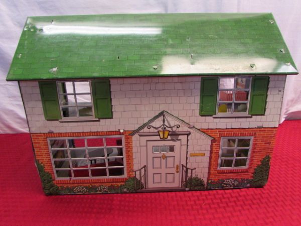 HOURS OF FUN!  VINTAGE TIN 2 STORY DOLL HOUSE WITH LOT'S OF FURNITURE