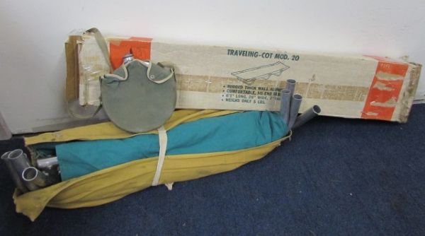 CAMP COTS - ONE NEW IN BOX THE OTHER PREVIOUSLY OWNED & A VINTAGE CANTEEN 