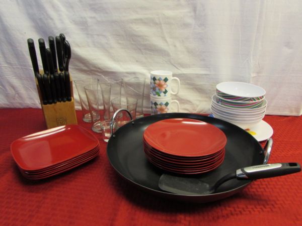 LARGE ROUND SKILLET, BUTCHERS BLOCK WITH KNIVES & SCISSORS, REUSABLE PLASTIC DISHWARE & MORE