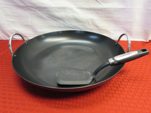 LARGE ROUND SKILLET, BUTCHERS BLOCK WITH KNIVES & SCISSORS, REUSABLE PLASTIC DISHWARE & MORE