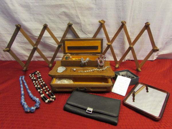 VINTAGE VALET STYLE JEWEL BOX WITH JEWELRY, WOOD ACCORDIAN HANGERS, LEATHER WALLET & MORE