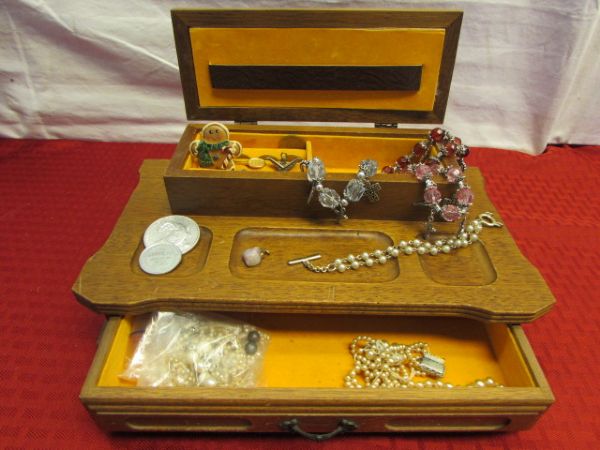 VINTAGE VALET STYLE JEWEL BOX WITH JEWELRY, WOOD ACCORDIAN HANGERS, LEATHER WALLET & MORE