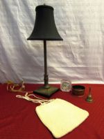 ELEGANT BRASS FINISH ACCENT LAMP, QUARTZ LEAD CRYSTAL DESK CLOCK, BRASS BELL & TRINKET DISH & MORE
