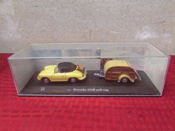 1:43 SCALE METAL MODEL PORSCHE 356B SOFT TOP WITH WOODY TRAILER