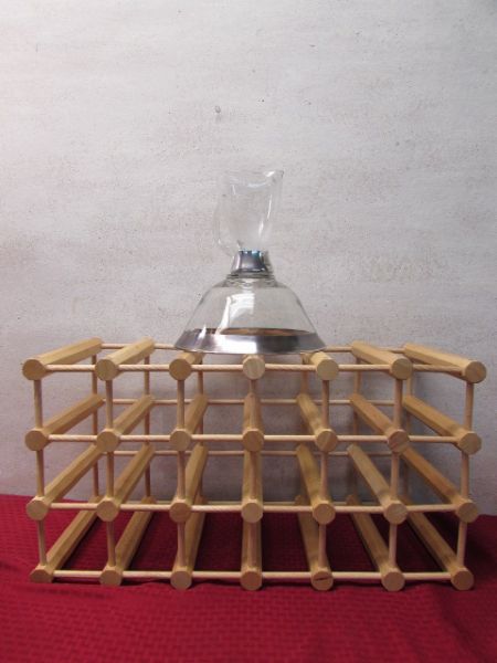 WOODEN WINE RACK HOLDS 18  BOTTLES WITH SILVER ACCENTED GLASS CARAFE & BOWL