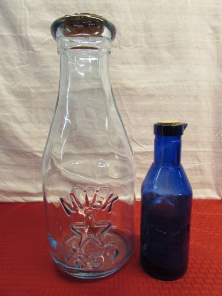 GIANT MILK GLASS MILK BOTTLE WITH CORK LID & BLUE MILK BOTTLE