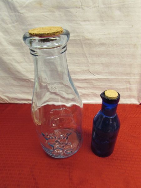 GIANT MILK GLASS MILK BOTTLE WITH CORK LID & BLUE MILK BOTTLE