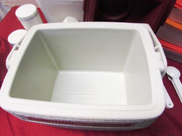 PICNIC/CAMPING GEAR - 2 COLEMAN ICE CHESTS, TUPPERWARE CONTAINERS & MIXING BOWLS
