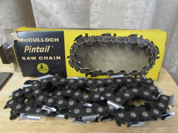 NEVER USED REPLACEMENT CHAIN FOR A CHAIN SAW& FILES FOR SHARPENING