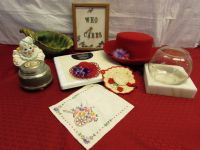 RED HAT TREASURES - ITALIAN WOOL RED HAT, VINTAGE FRANKOMA POTTERY, SWISS CO TRINKET MUSIC BOX, MARBLE & MORE