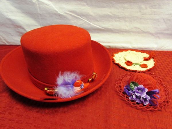 RED HAT TREASURES - ITALIAN WOOL RED HAT, VINTAGE FRANKOMA POTTERY, SWISS CO TRINKET MUSIC BOX, MARBLE & MORE