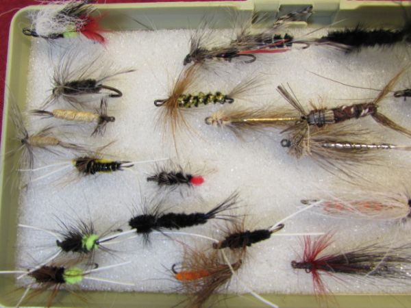 OVER 50 EXPERTLY TIED FLIES - PRIMARILY STEEL HEAD IN FLAMBEAU FLY BOX 