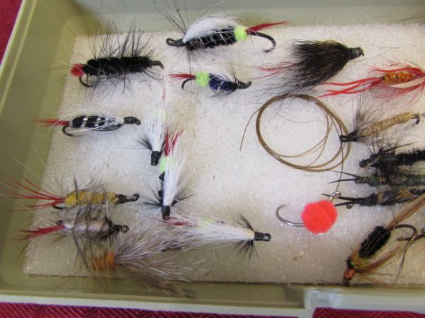 OVER 50 EXPERTLY TIED FLIES - PRIMARILY STEEL HEAD IN FLAMBEAU FLY BOX 