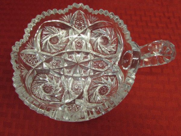 BRILLIANT WHIRLING STAR CUT GLASS BOWL, DEPRESSION GLASS, CRYSTAL, TABLE LINENS & MORE