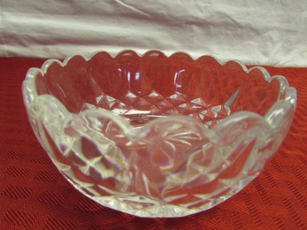 BRILLIANT WHIRLING STAR CUT GLASS BOWL, DEPRESSION GLASS, CRYSTAL, TABLE LINENS & MORE