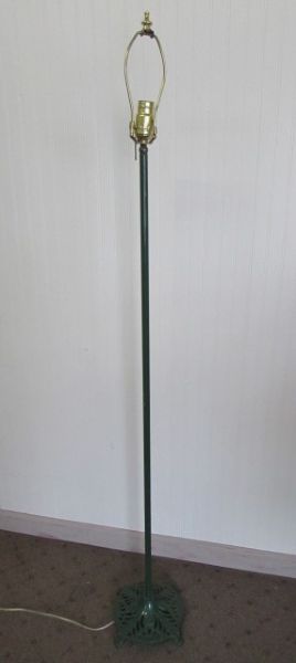 ANTIQUE FLOOR LAMP WITH ORNATELY SCUPTED METAL BASE