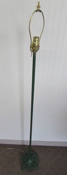ANTIQUE FLOOR LAMP WITH ORNATELY SCUPTED METAL BASE