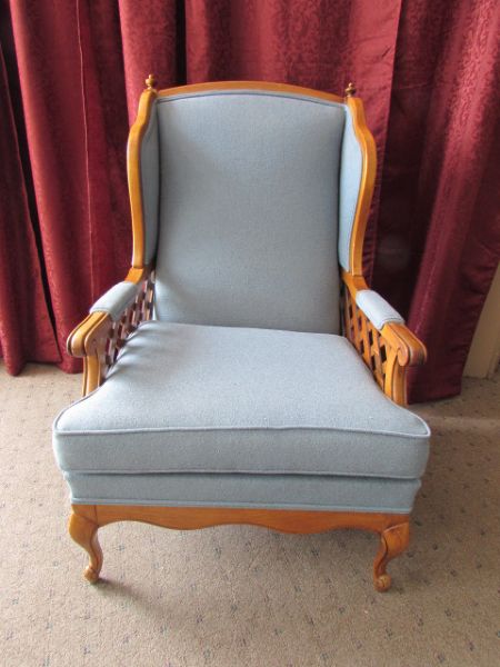 SKY BLUE UPHOLSTERED WING-BACK CHAIR WITH WOODEN FRAME