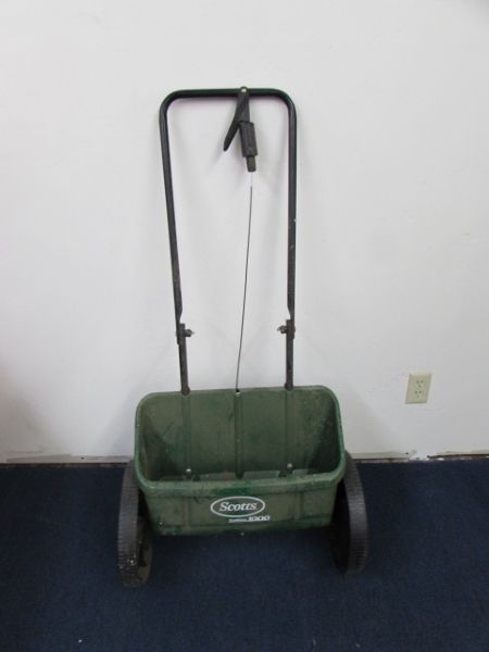 SEED SPREADER AND PLASTIC CART WITH GARDEN TOOLS