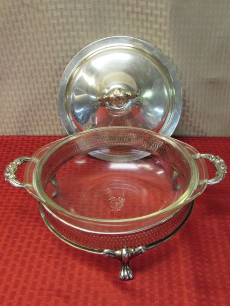 VERY PRETTY SILVER PLATE FOOTED SERVER WITH PYREX BOWL INSERT