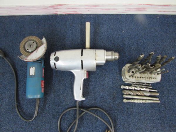 HEAVY DUTY  1/2 DRILL, BOSCH 4 1/2 GRINDER & A SELECTION OF BITS