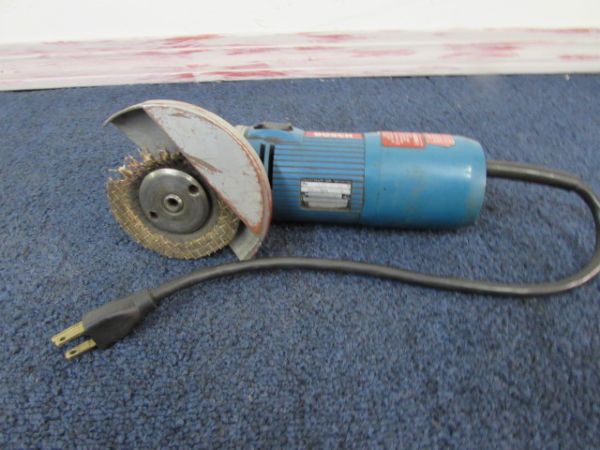 HEAVY DUTY  1/2 DRILL, BOSCH 4 1/2 GRINDER & A SELECTION OF BITS