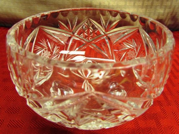 LEAD CRYSTAL DISH, STUNNING 12 CUT GLASS VASE, ANTIQUE GLASS BOWL WITH FLORAL ARRANGING FROG, CHINA & MORE