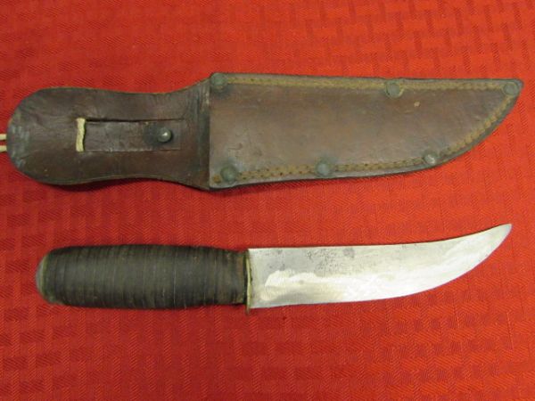 COOL VINTAGE KNIFE WITH STACKED LEATHER HANDLE & LEATHER SHEATH