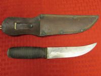 COOL VINTAGE KNIFE WITH STACKED LEATHER HANDLE & LEATHER SHEATH