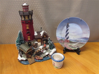 ADORABLE FIBER OPTIC LIGHTHOUSE, LIGHTHOUSE PLATE AND CANDLE CUP!  