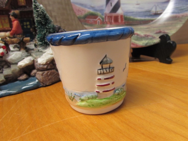 ADORABLE FIBER OPTIC LIGHTHOUSE, LIGHTHOUSE PLATE AND CANDLE CUP!  