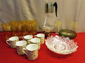 TEA ON THE BALCONY - MID CENTURY GLASS CARAFE WITH WARMING STAND, ICED TEA GLASSES, ROSE MUGS, SERVING DISHES & MORE