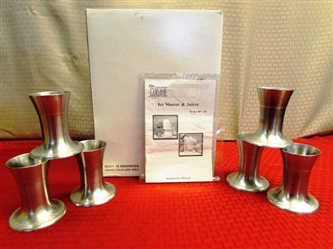 SNOW CONES AT HOME - NEW IN BOX ICE SHAVER/JUICER & 6 VINTAGE METAL LILY CUP SNOW CONE HOLDERS