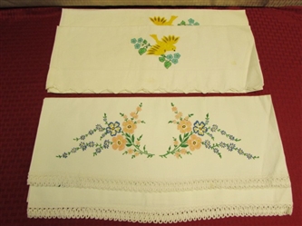 FOUR NEVER USED LOVELY VINTAGE PILLOW CASES WITH HANDMADE LACE DETAILS & EMVORIDERY PAINT DESIGNS