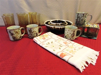 NEVER USED EARTH TONE DISHES - 4 LOVELY STONEWARE MUGS W/BIRDS, PFALTZGRAFF BOWLS, LIBBY ARTICA JUICE GLASSES & MORE