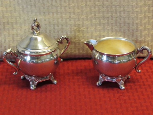 ELEGANT PILGRIM SILVER PLATE TEA POT WITH MATCHING CREAMER & SUGAR BOWL