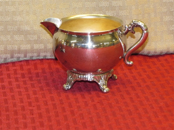 ELEGANT PILGRIM SILVER PLATE TEA POT WITH MATCHING CREAMER & SUGAR BOWL