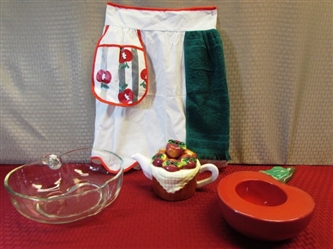 RED DELICOUS - LIFE SAVERS LIMITED EDITION CANDY DISH, APPLE BASKET TEA POT, APPLE SERVING BOWL & NEW APRON