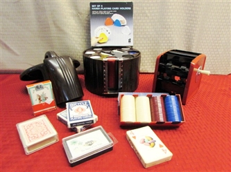 VINTAGE POKER OR BRIDGE NIGHT!  BAKELIGHT POKER CHIP CADDY W/CHIPS, ARCO CARD SHUFFLER, CARD HOLDERS, PLAYING CARDS & MORE