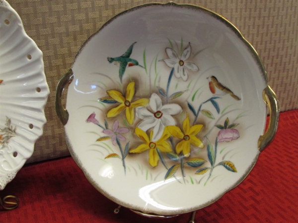 GORGEOUS VINTAGE HAND PAINTED PORCELAIN DISHES, SILVER PLATE COASTERS, TEA CUP & SAUCER, CHARGERS & MORE