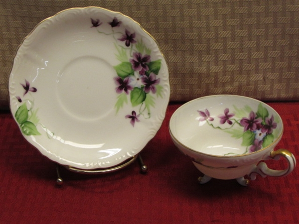 GORGEOUS VINTAGE HAND PAINTED PORCELAIN DISHES, SILVER PLATE COASTERS, TEA CUP & SAUCER, CHARGERS & MORE