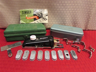 VINTAGE SINGER BUTTONHOLER IN BOX W/ 9 TEMPLATES & SEWING ACCESSORIES BOX W/ FEET 