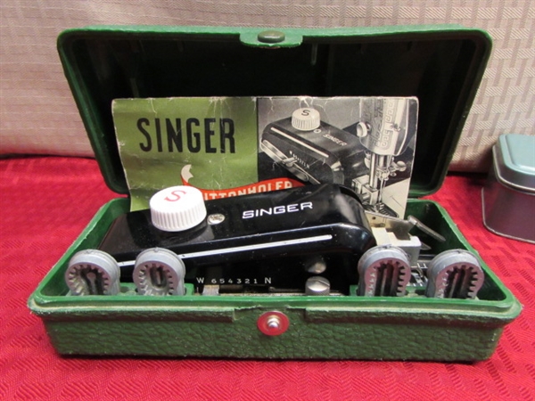 VINTAGE SINGER BUTTONHOLER IN BOX W/ 9 TEMPLATES & SEWING ACCESSORIES BOX W/ FEET 