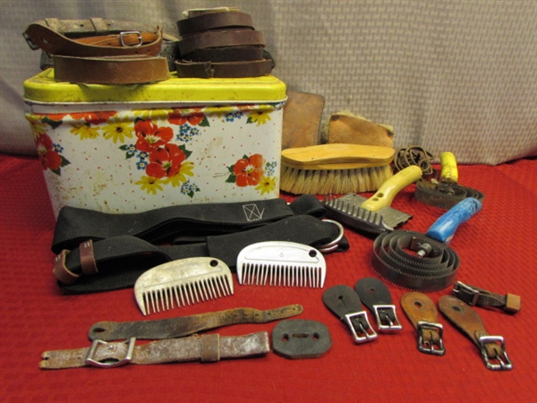 HORSE GROOMING SUPPLIES, LEATHER & MORE - CURRY COMBS, SADDLE STRAPS, LEATHER STRAPS & . . . . . 