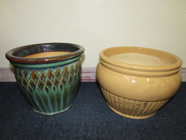 THREE BEAUTIFUL GLAZED CERAMIC POTS & A DOUBLE BRAIDED FICUS LOOKING FOR A GOOD HOME