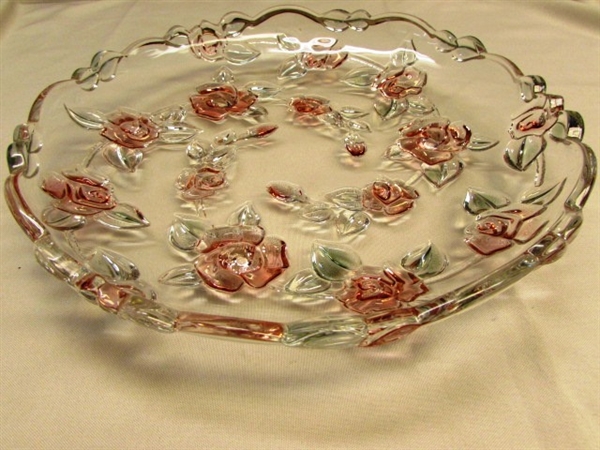 PRETTY IN PINK-FOOTED ROSE PLATTER, PITCHER, MANTLE CLOCK, VASES & PLATE